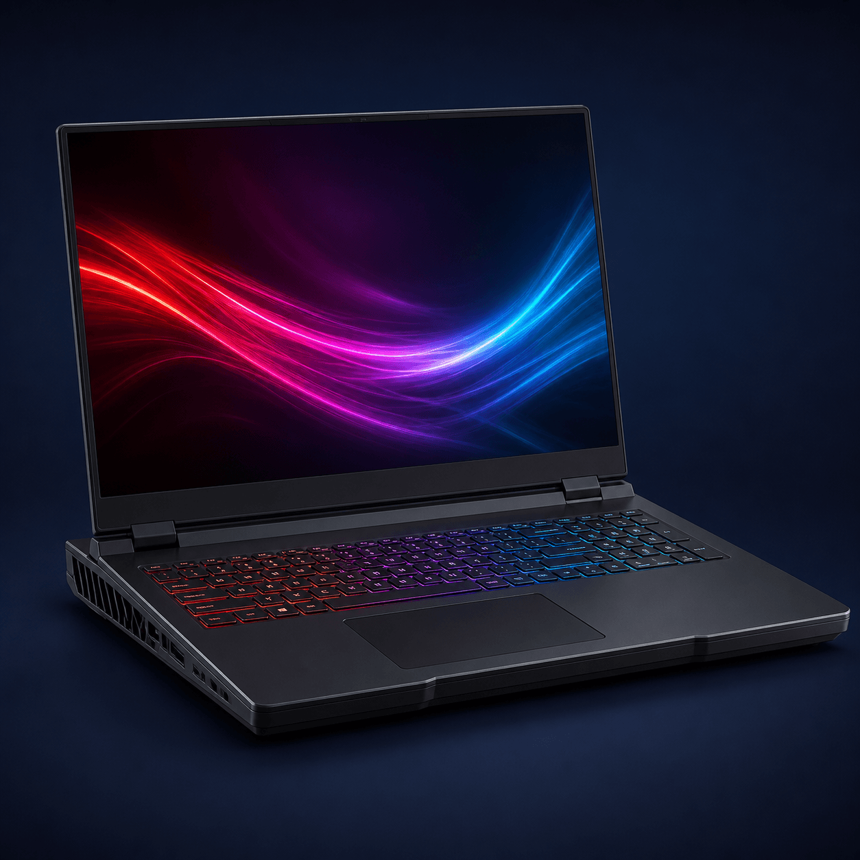 Illustration indicative d’un ordinateur portable gaming sombre de 16 pouces avec clavier rétroéclairé